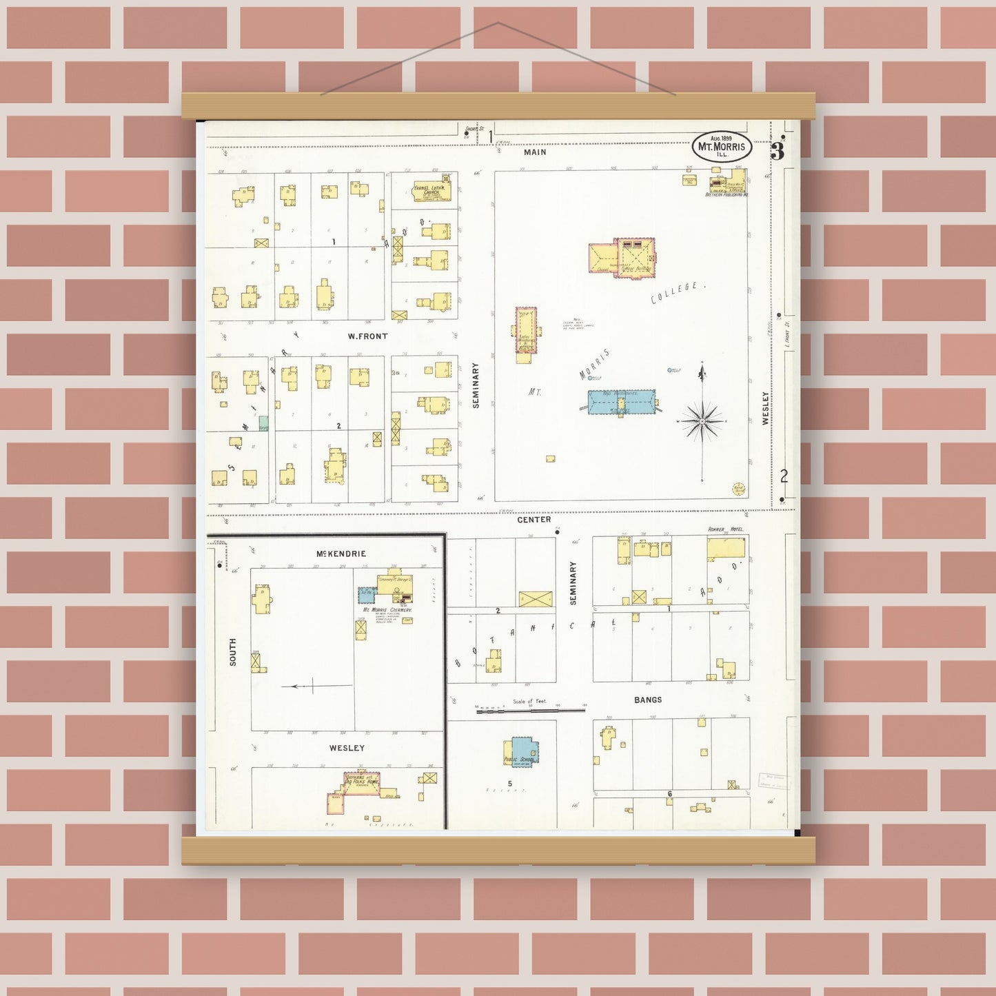 Old map wall art mockup — magnetic wood frame on brick wall — Sanborn Fire Insurance Map from Mount Morris, Ogle County, Illinois (1899), Sheet #0003