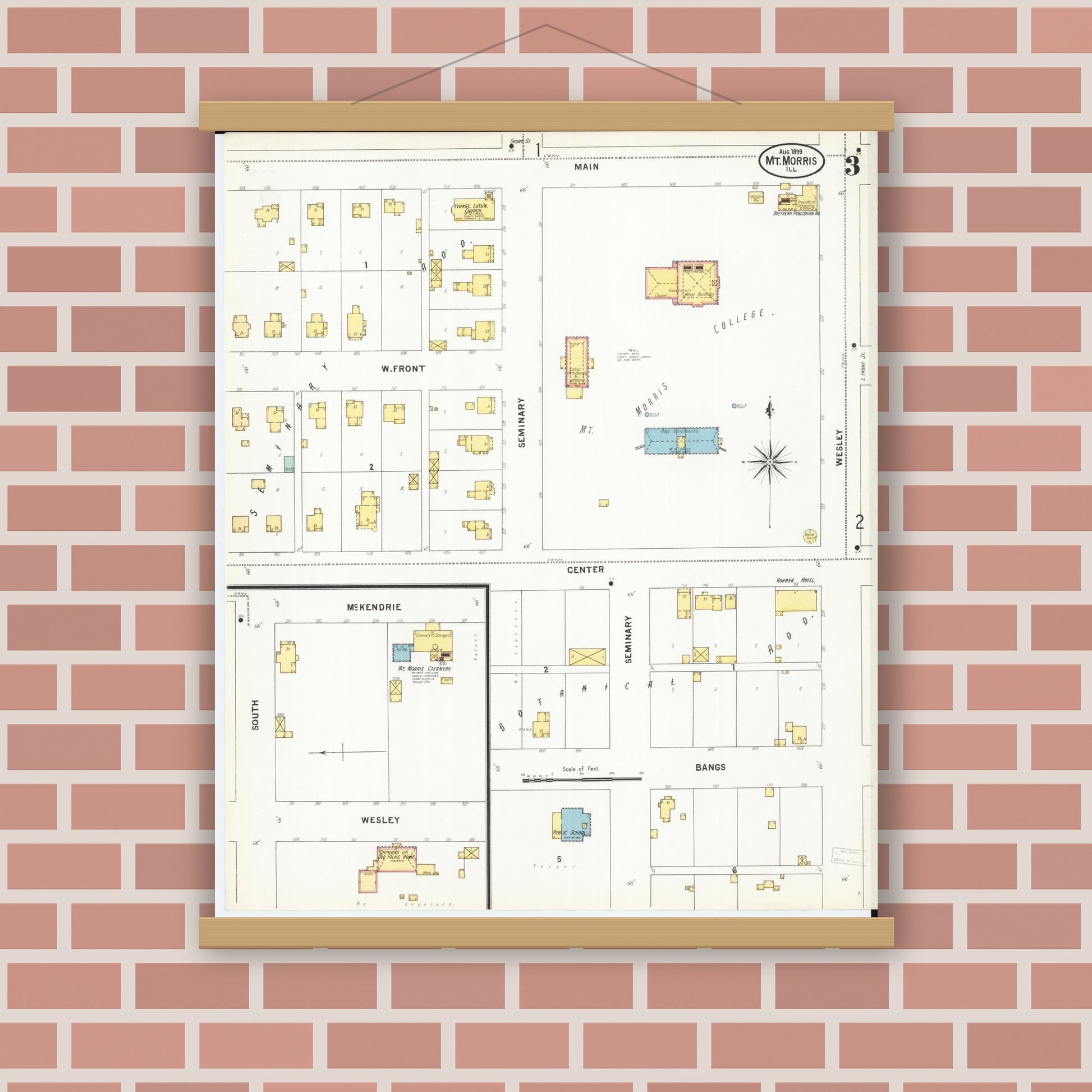 Old map wall art mockup — magnetic wood frame on brick wall — Sanborn Fire Insurance Map from Mount Morris, Ogle County, Illinois (1899), Sheet #0003