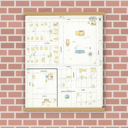 Old map wall art mockup — magnetic wood frame on brick wall — Sanborn Fire Insurance Map from Mount Morris, Ogle County, Illinois (1899), Sheet #0003