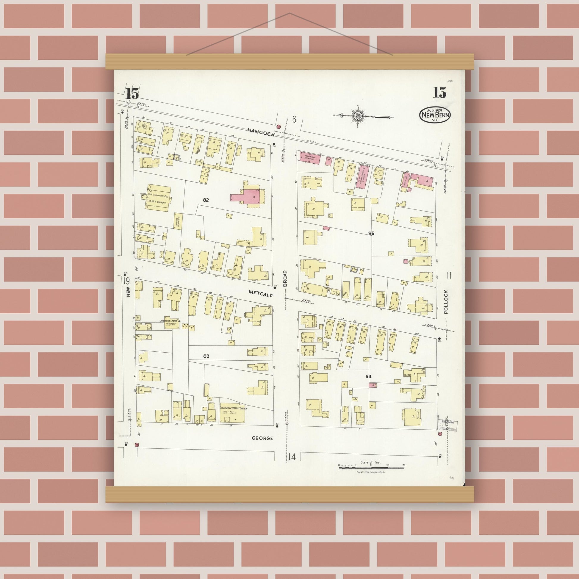 Old map wall art mockup — magnetic wood frame on brick wall — Sanborn Fire Insurance Map from New Bern, Craven County, North Carolina (1924), Sheet #0015