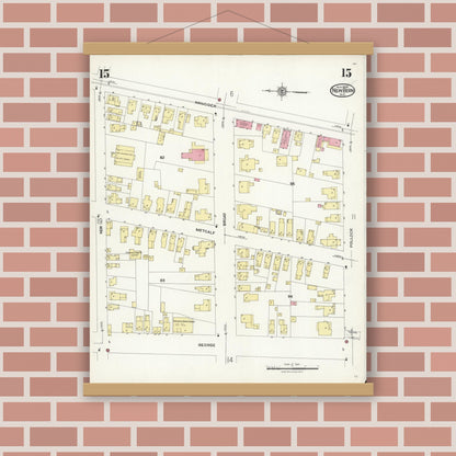 Old map wall art mockup — magnetic wood frame on brick wall — Sanborn Fire Insurance Map from New Bern, Craven County, North Carolina (1924), Sheet #0015
