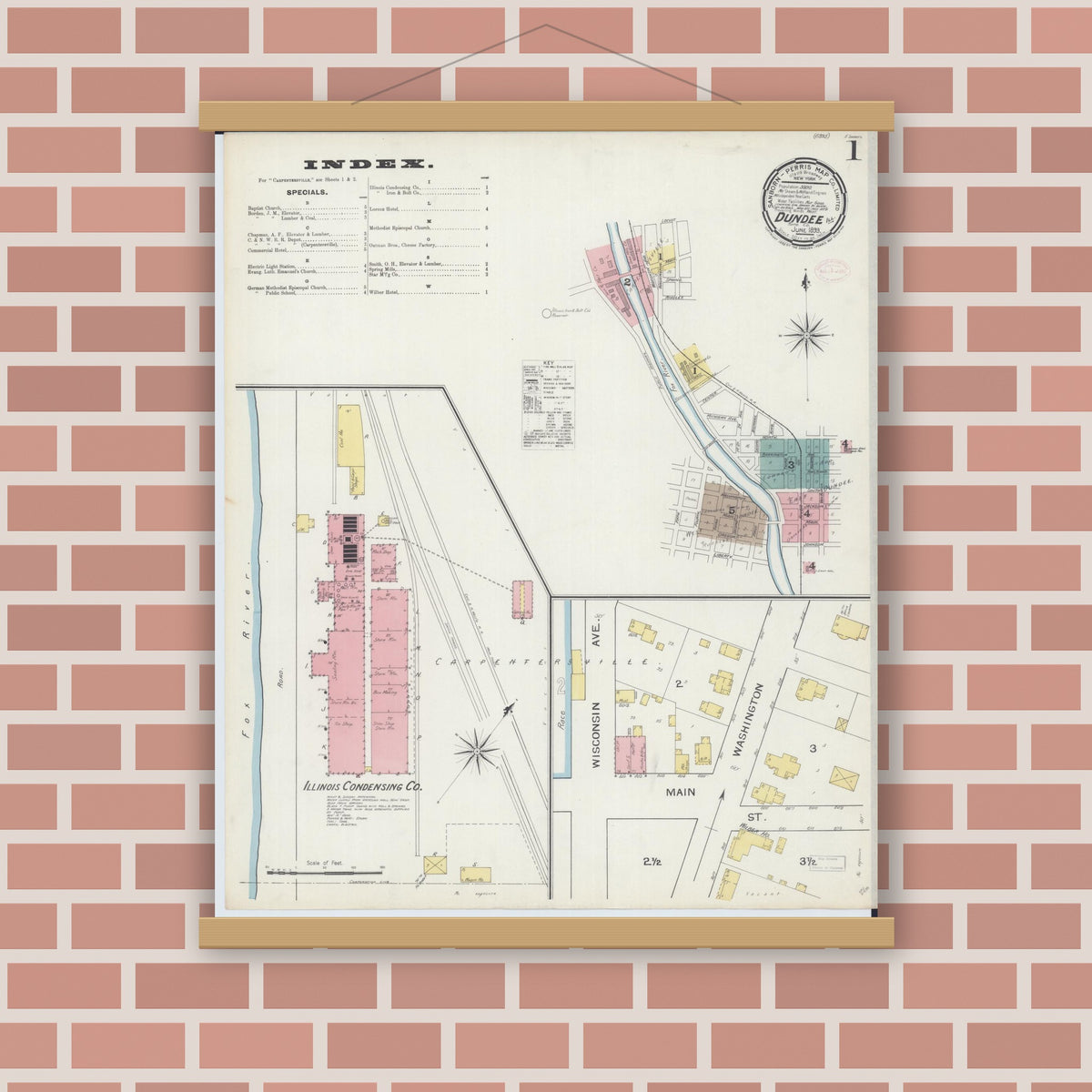 Old map wall art mockup — magnetic wood frame on brick wall — Sanborn Fire Insurance Map from Dundee, Kane County, Illinois (1893) - Complete Map Set