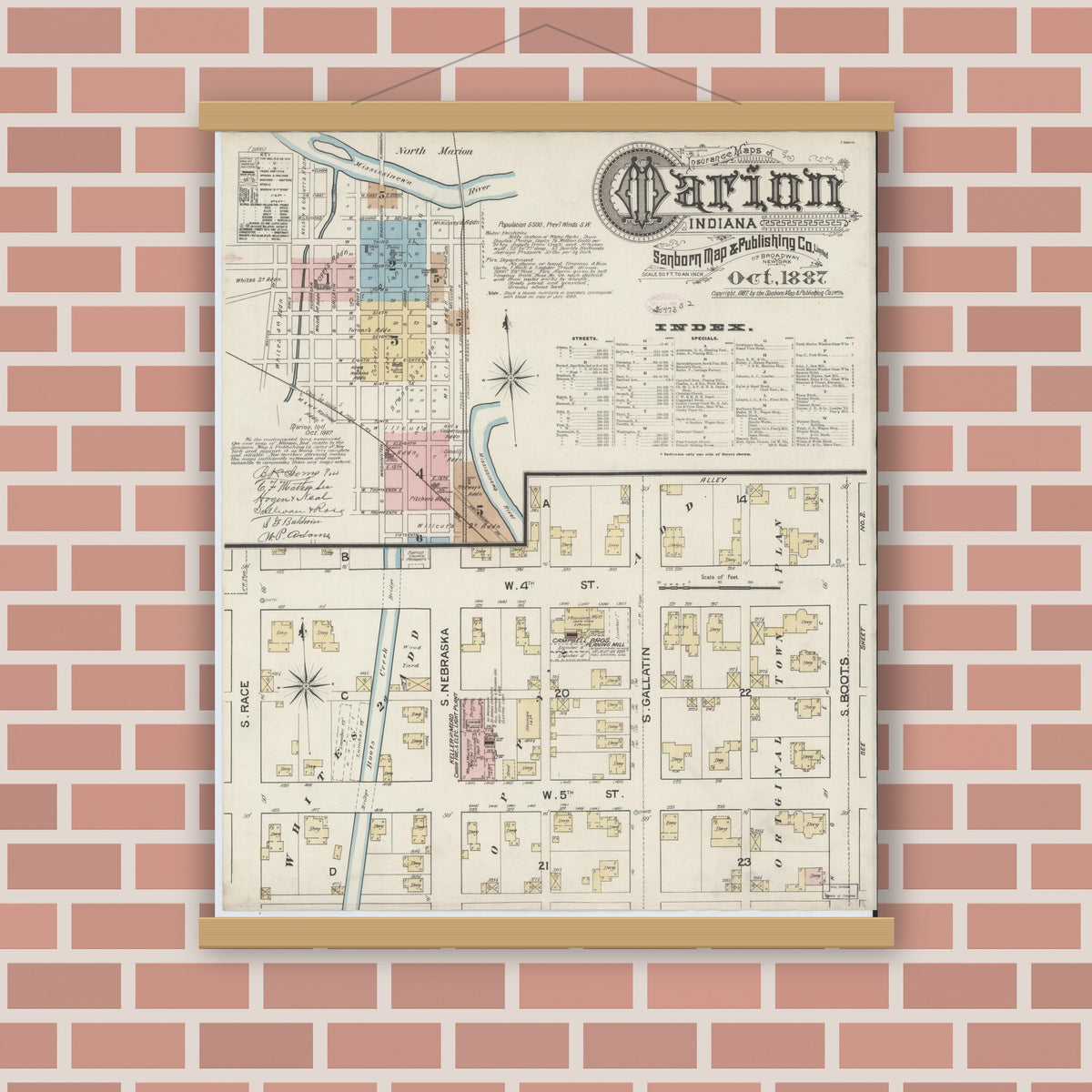 Old map wall art mockup — magnetic wood frame on brick wall — Sanborn Fire Insurance Map from Marion, Grant County, Indiana (1887), Sheet #0001