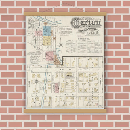 Old map wall art mockup — magnetic wood frame on brick wall — Sanborn Fire Insurance Map from Marion, Grant County, Indiana (1887), Sheet #0001