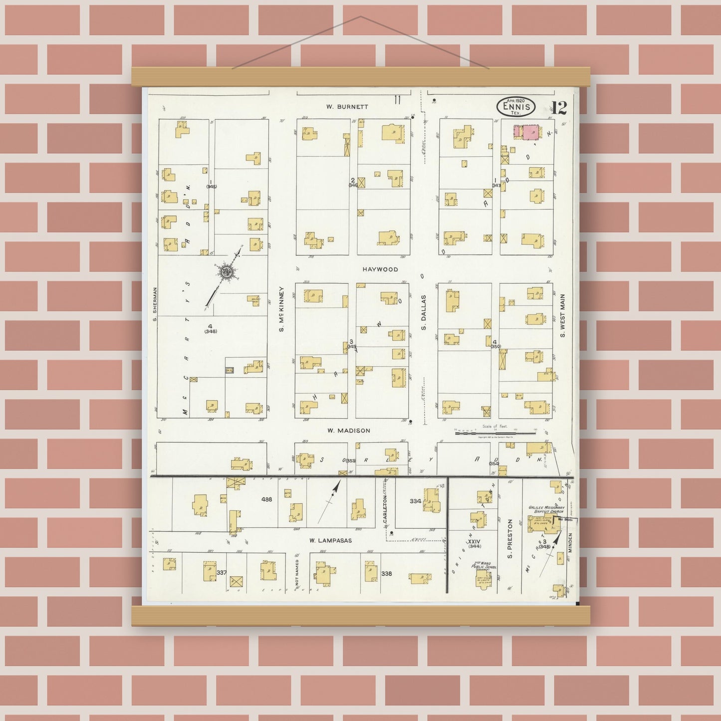 Old map wall art mockup — magnetic wood frame on brick wall — Sanborn Fire Insurance Map from Ennis, Ellis County, Texas (1920), Sheet #0012