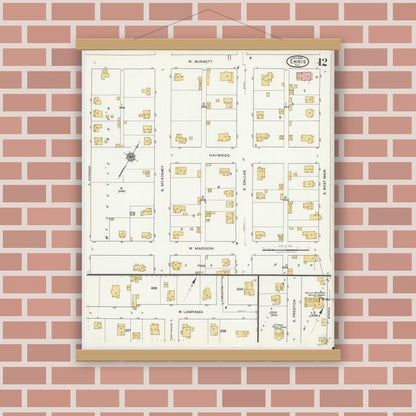 Old map wall art mockup — magnetic wood frame on brick wall — Sanborn Fire Insurance Map from Ennis, Ellis County, Texas (1920), Sheet #0012