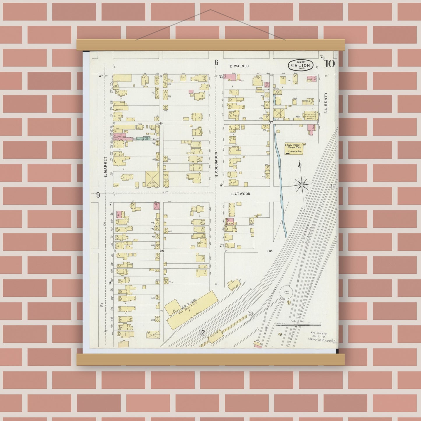 Old map wall art mockup — magnetic wood frame on brick wall — Sanborn Fire Insurance Map from Galion, Crawford County, Ohio (1897), Sheet #0010
