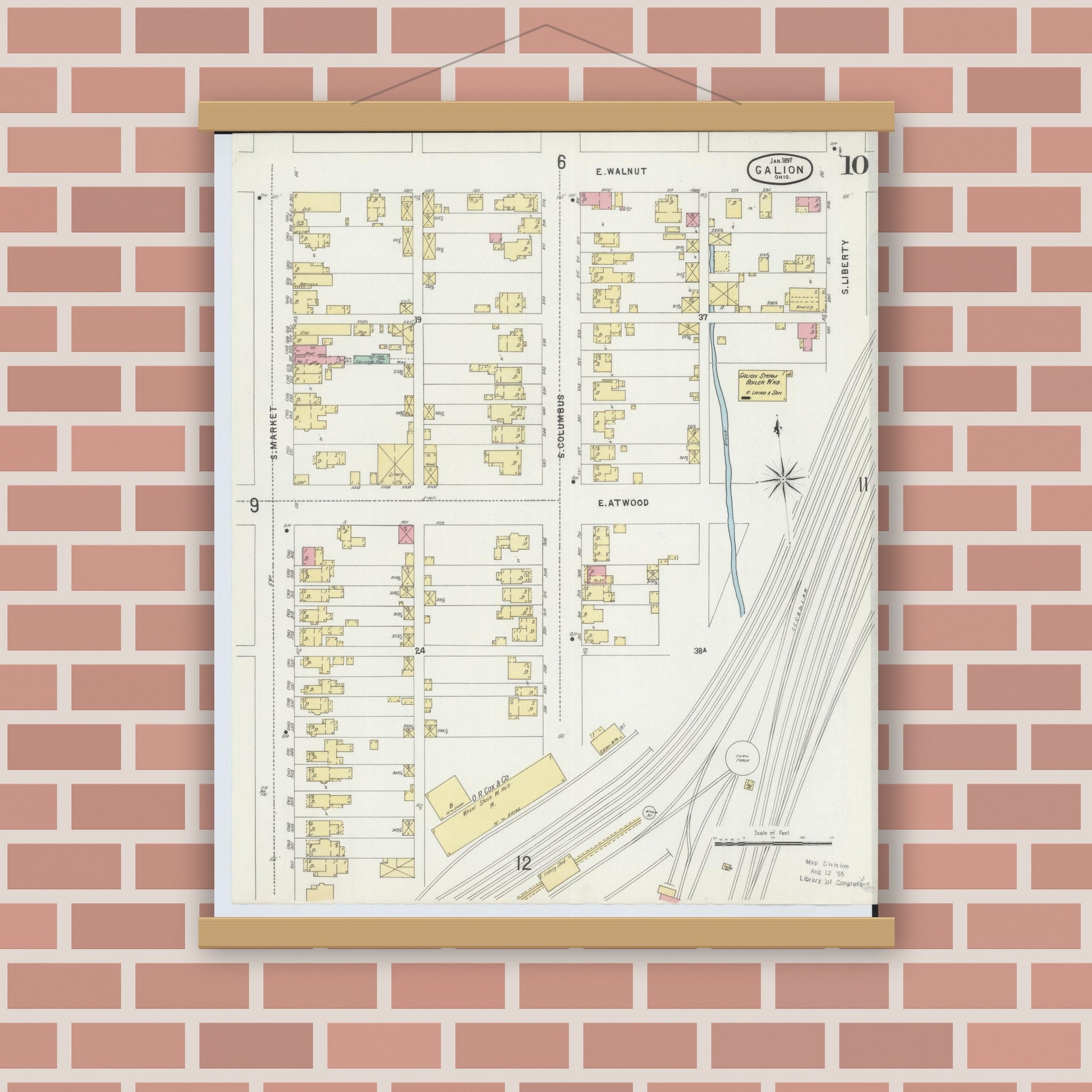 Old map wall art mockup — magnetic wood frame on brick wall — Sanborn Fire Insurance Map from Galion, Crawford County, Ohio (1897), Sheet #0010
