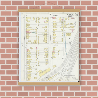 Old map wall art mockup — magnetic wood frame on brick wall — Sanborn Fire Insurance Map from Galion, Crawford County, Ohio (1897), Sheet #0010