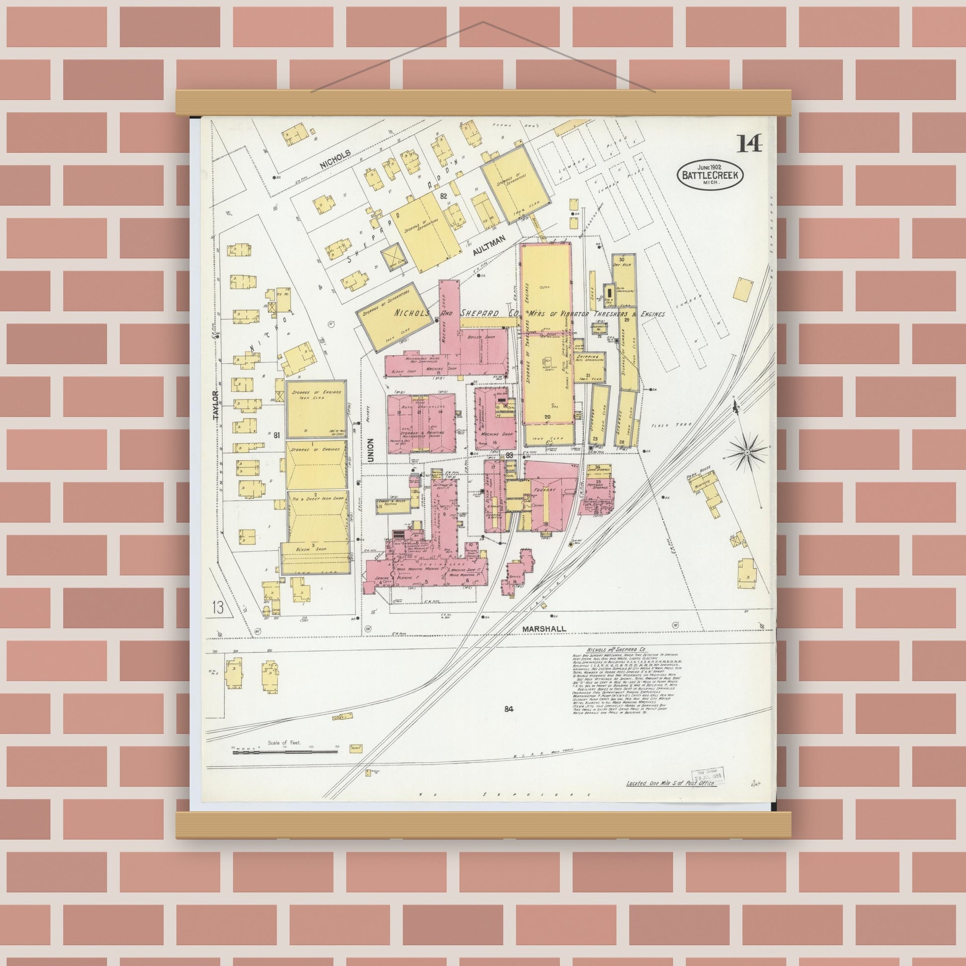 Old map wall art mockup — magnetic wood frame on brick wall — Sanborn Fire Insurance Map from Battle Creek, Calhoun County, Michigan (1902), Sheet #0014