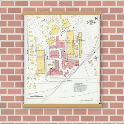 Old map wall art mockup — magnetic wood frame on brick wall — Sanborn Fire Insurance Map from Battle Creek, Calhoun County, Michigan (1902), Sheet #0014