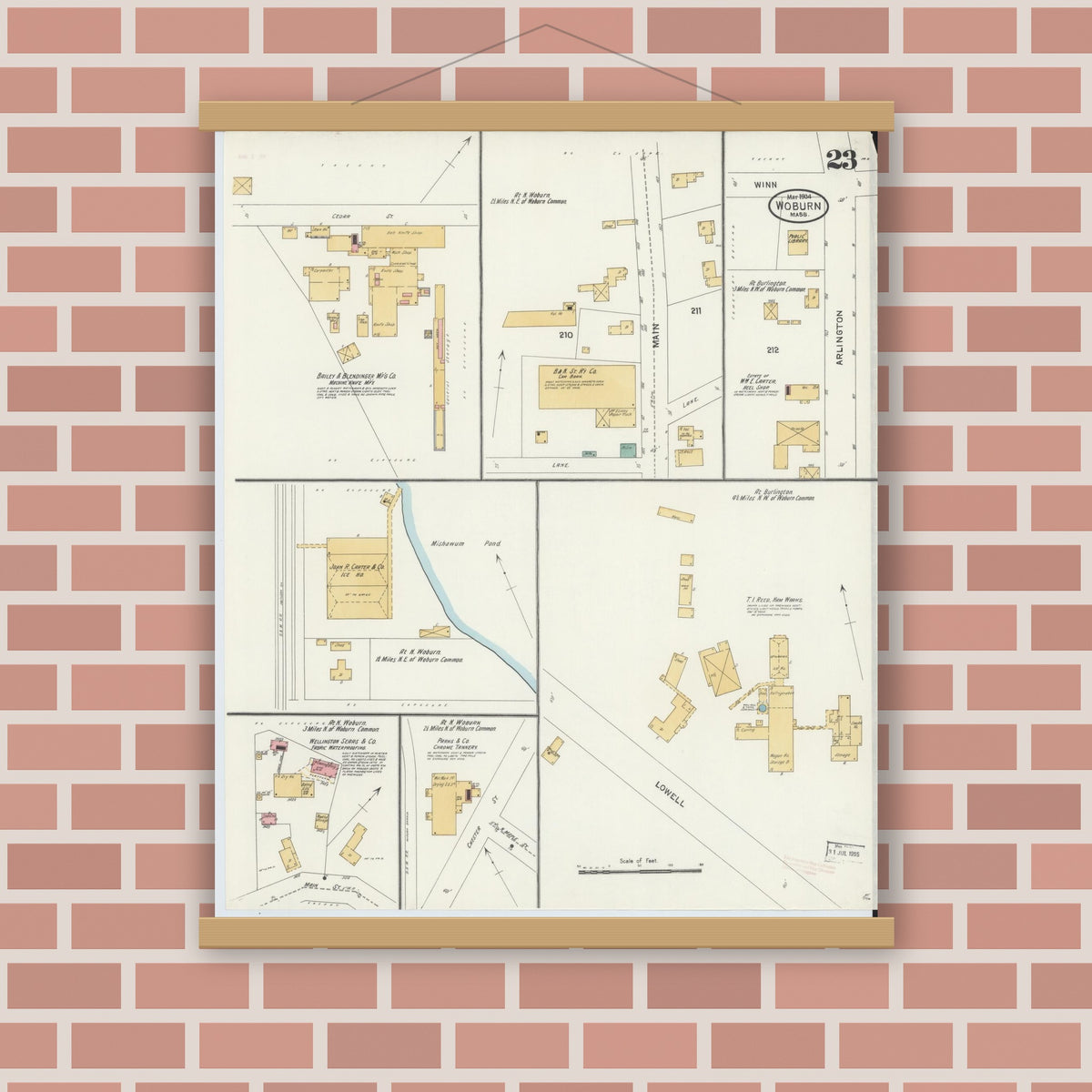 Old map wall art mockup — magnetic wood frame on brick wall — Sanborn Fire Insurance Map from Woburn, Middlesex County, Massachusetts (1904), Sheet #0023