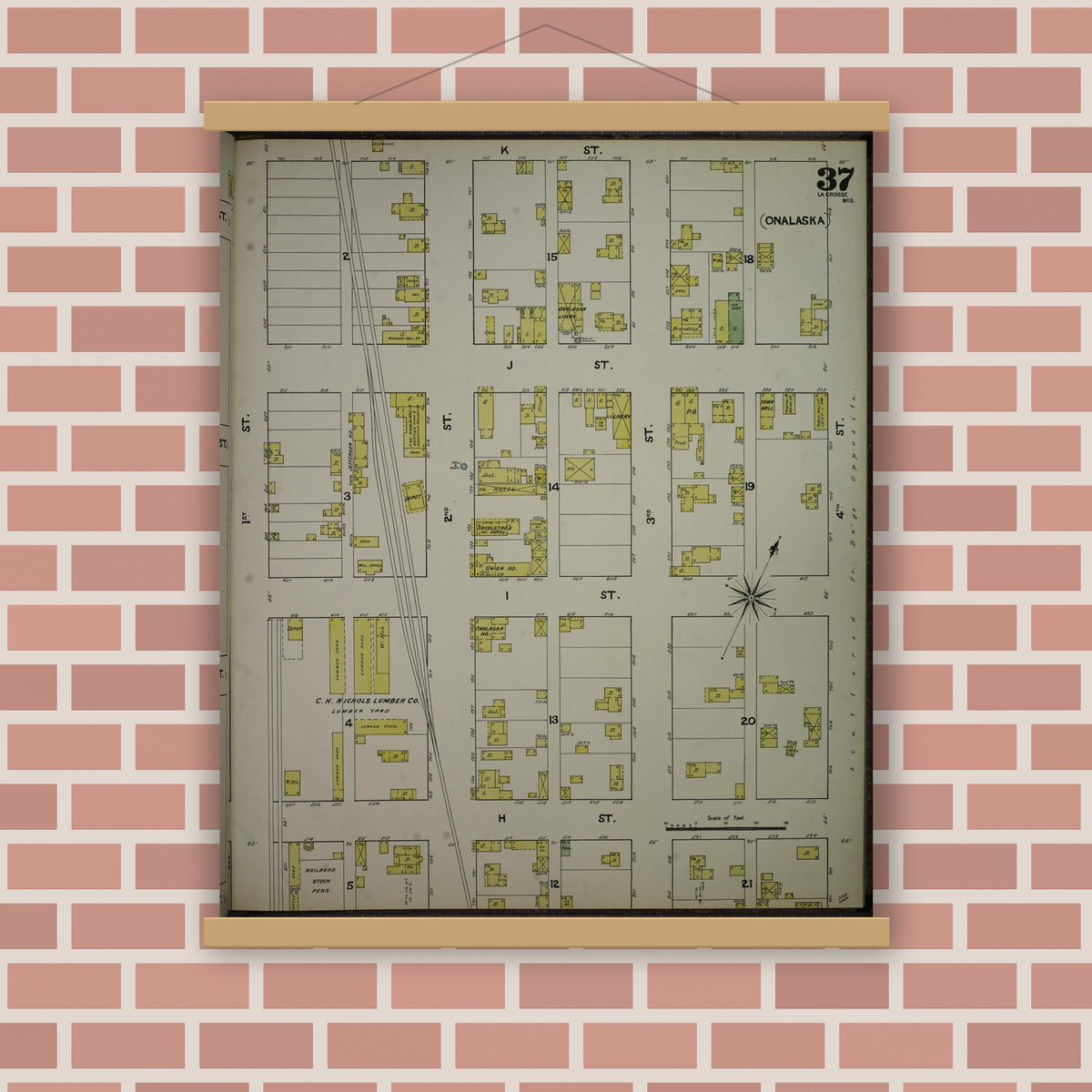 Old map wall art mockup — magnetic wood frame on brick wall — Sanborn Fire Insurance Map from La Crosse, La Crosse County, Wisconsin (1891), Sheet #0037