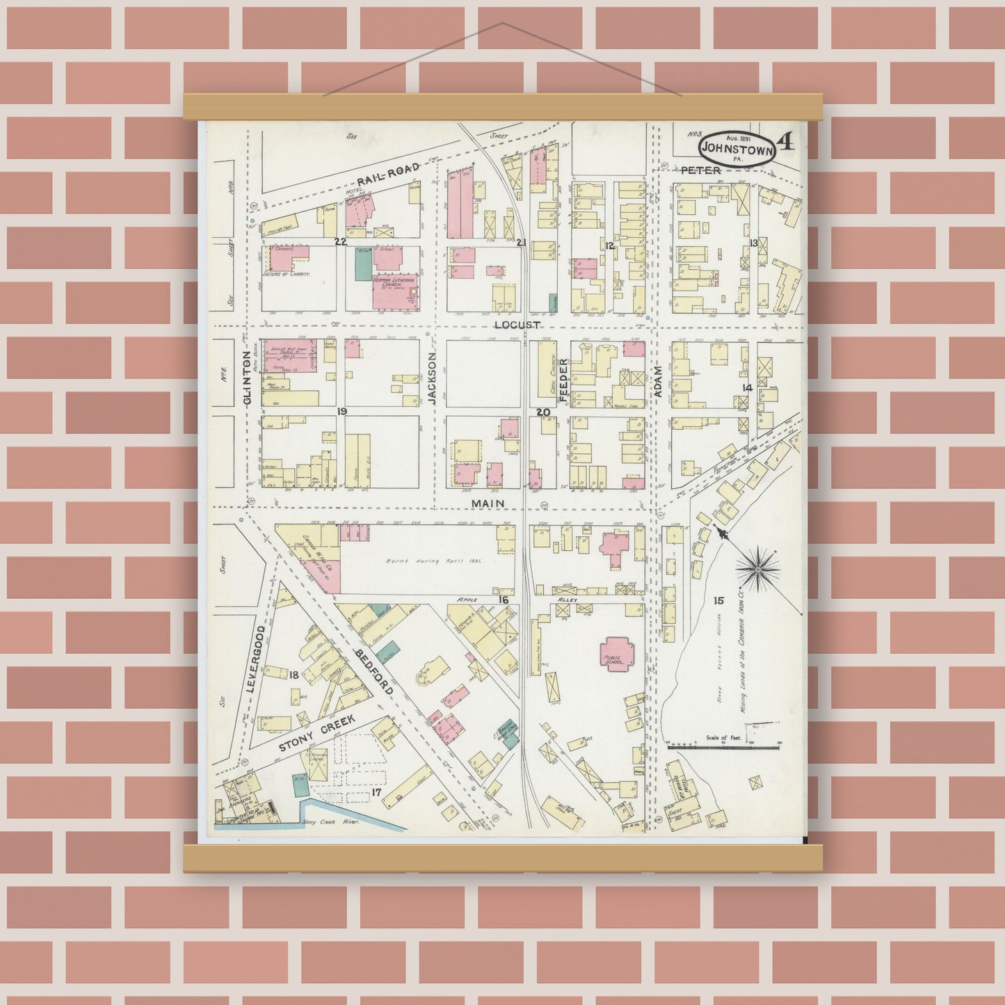 Old map wall art mockup — magnetic wood frame on brick wall — Sanborn Fire Insurance Map from Johnstown, Cambria County, Pennsylvania (1891), Sheet #0004