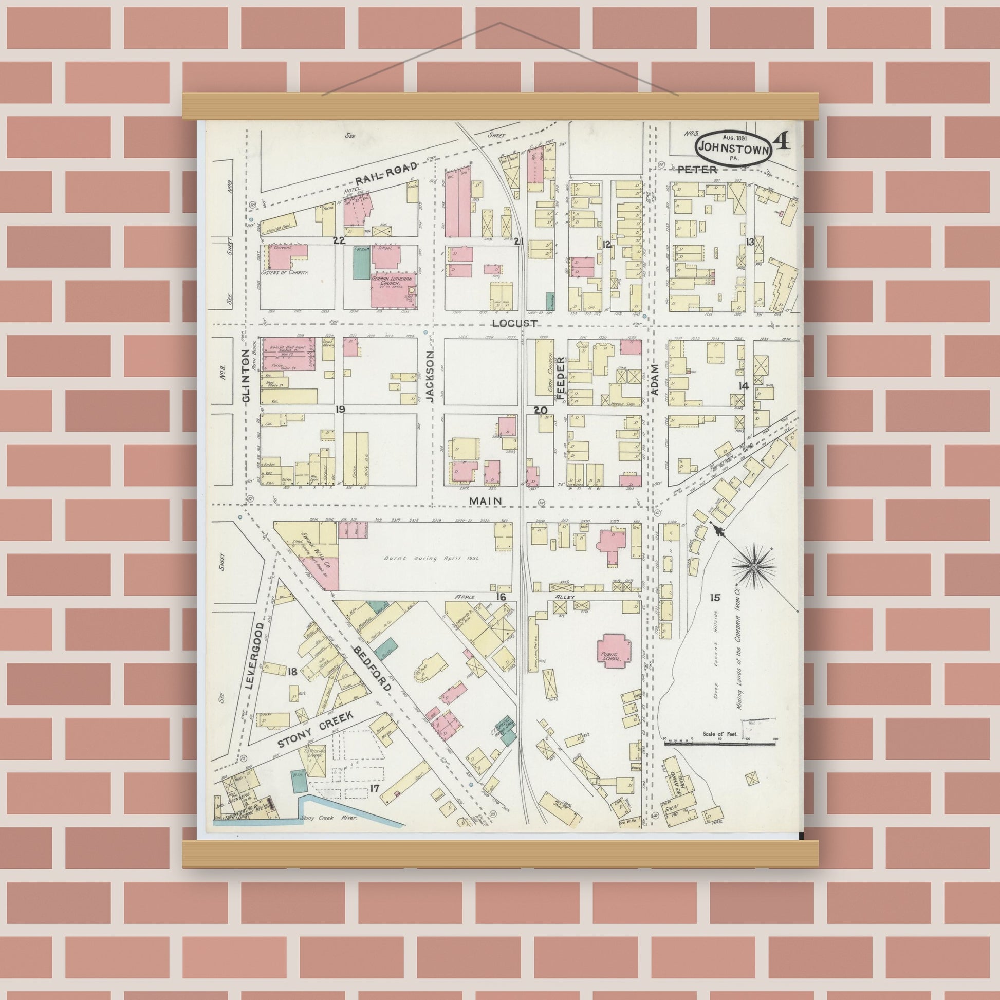 Old map wall art mockup — magnetic wood frame on brick wall — Sanborn Fire Insurance Map from Johnstown, Cambria County, Pennsylvania (1891), Sheet #0004