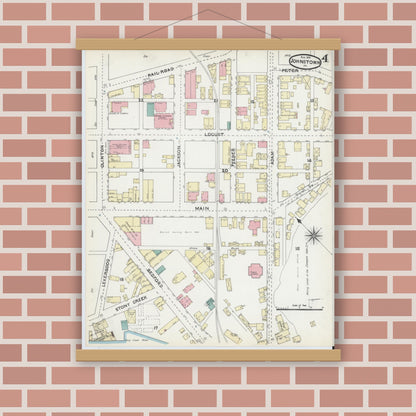 Old map wall art mockup — magnetic wood frame on brick wall — Sanborn Fire Insurance Map from Johnstown, Cambria County, Pennsylvania (1891), Sheet #0004