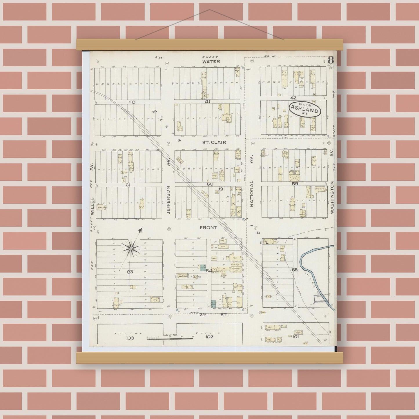 Old map wall art mockup — magnetic wood frame on brick wall — Sanborn Fire Insurance Map from Ashland, Ashland County, Wisconsin (1886), Sheet #0008