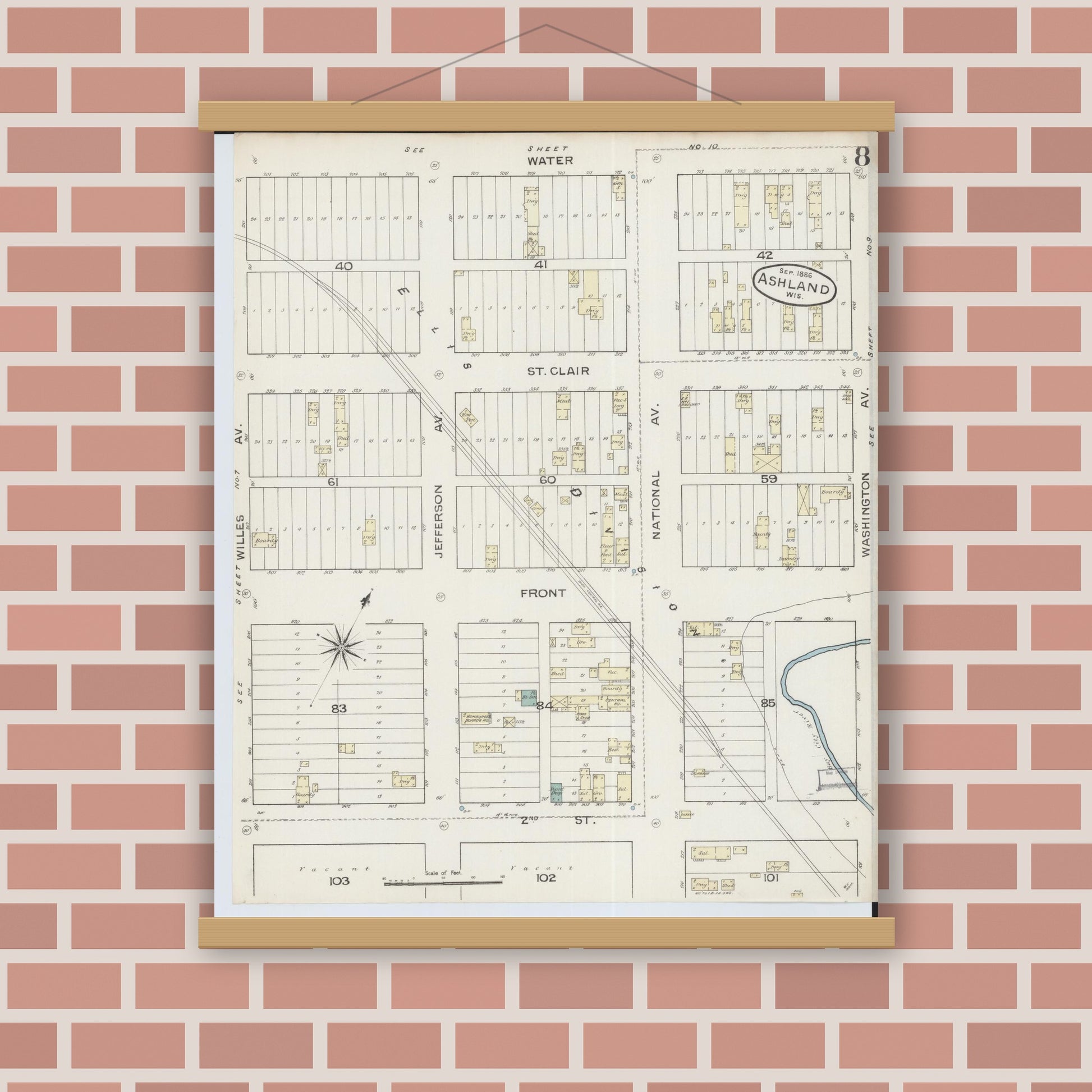 Old map wall art mockup — magnetic wood frame on brick wall — Sanborn Fire Insurance Map from Ashland, Ashland County, Wisconsin (1886), Sheet #0008