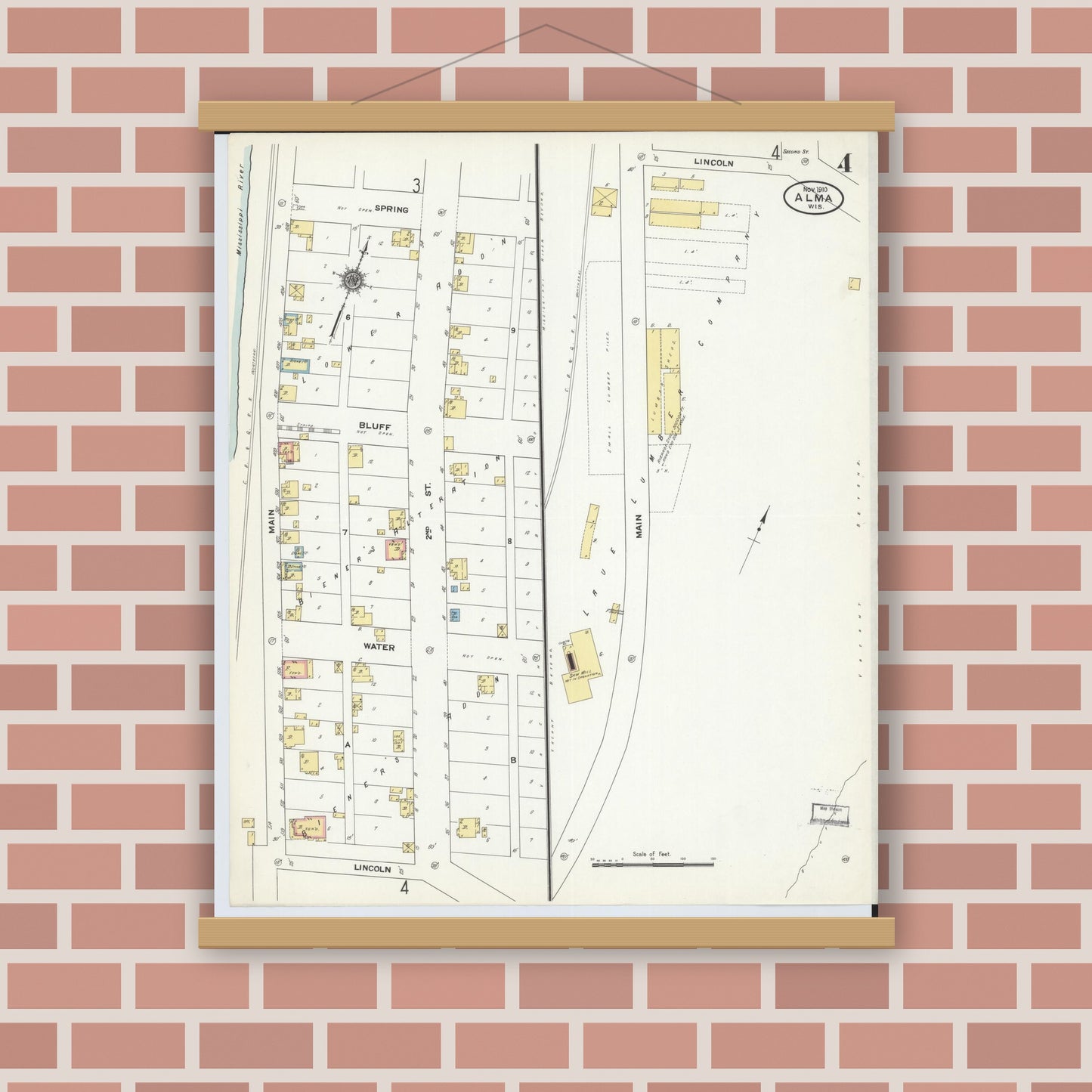 Old map wall art mockup — magnetic wood frame on brick wall — Sanborn Fire Insurance Map from Alma, Buffalo County, Wisconsin (1910), Sheet #0004