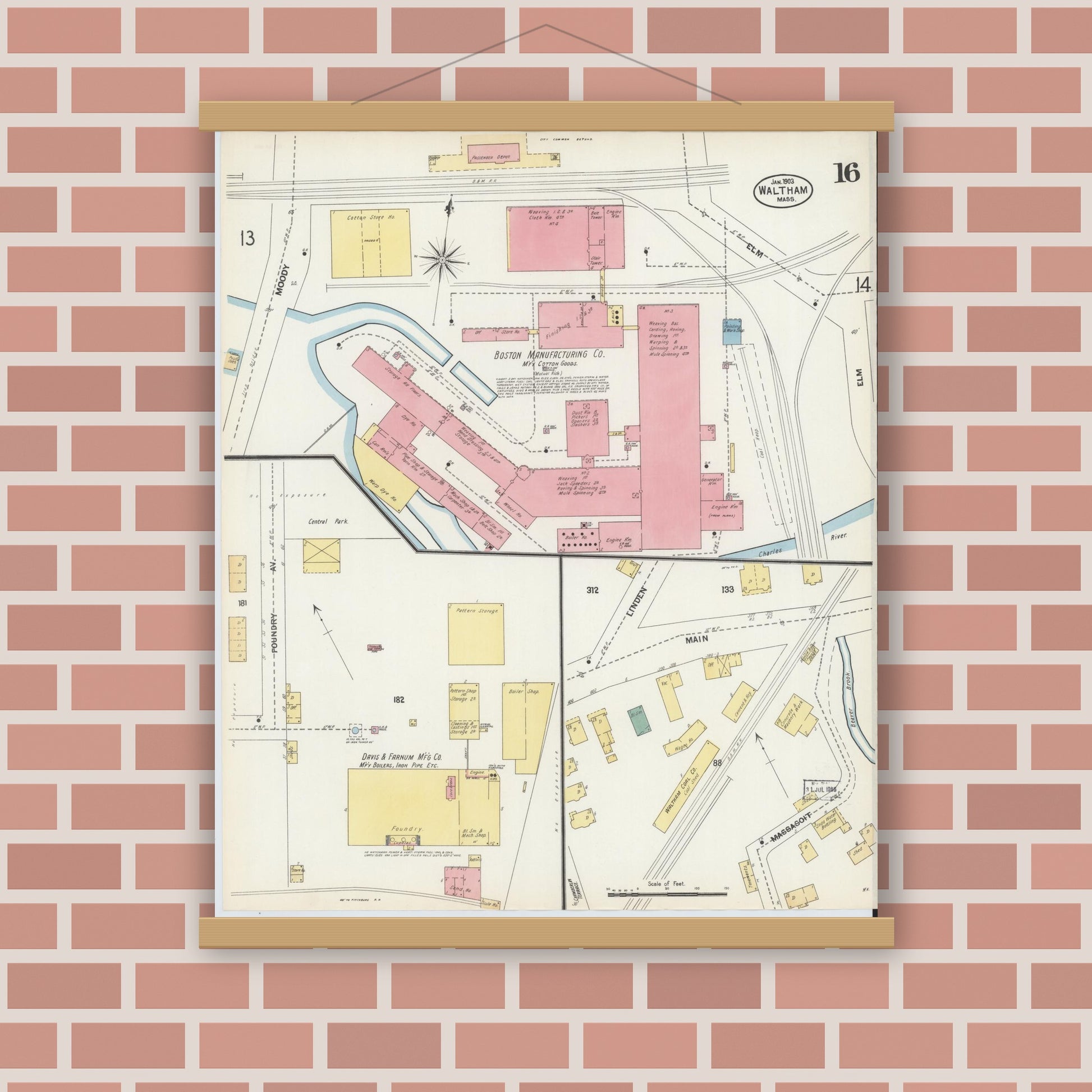 Old map wall art mockup — magnetic wood frame on brick wall — Sanborn Fire Insurance Map from Waltham, Middlesex County, Massachusetts (1903), Sheet #0016