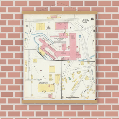 Old map wall art mockup — magnetic wood frame on brick wall — Sanborn Fire Insurance Map from Waltham, Middlesex County, Massachusetts (1903), Sheet #0016