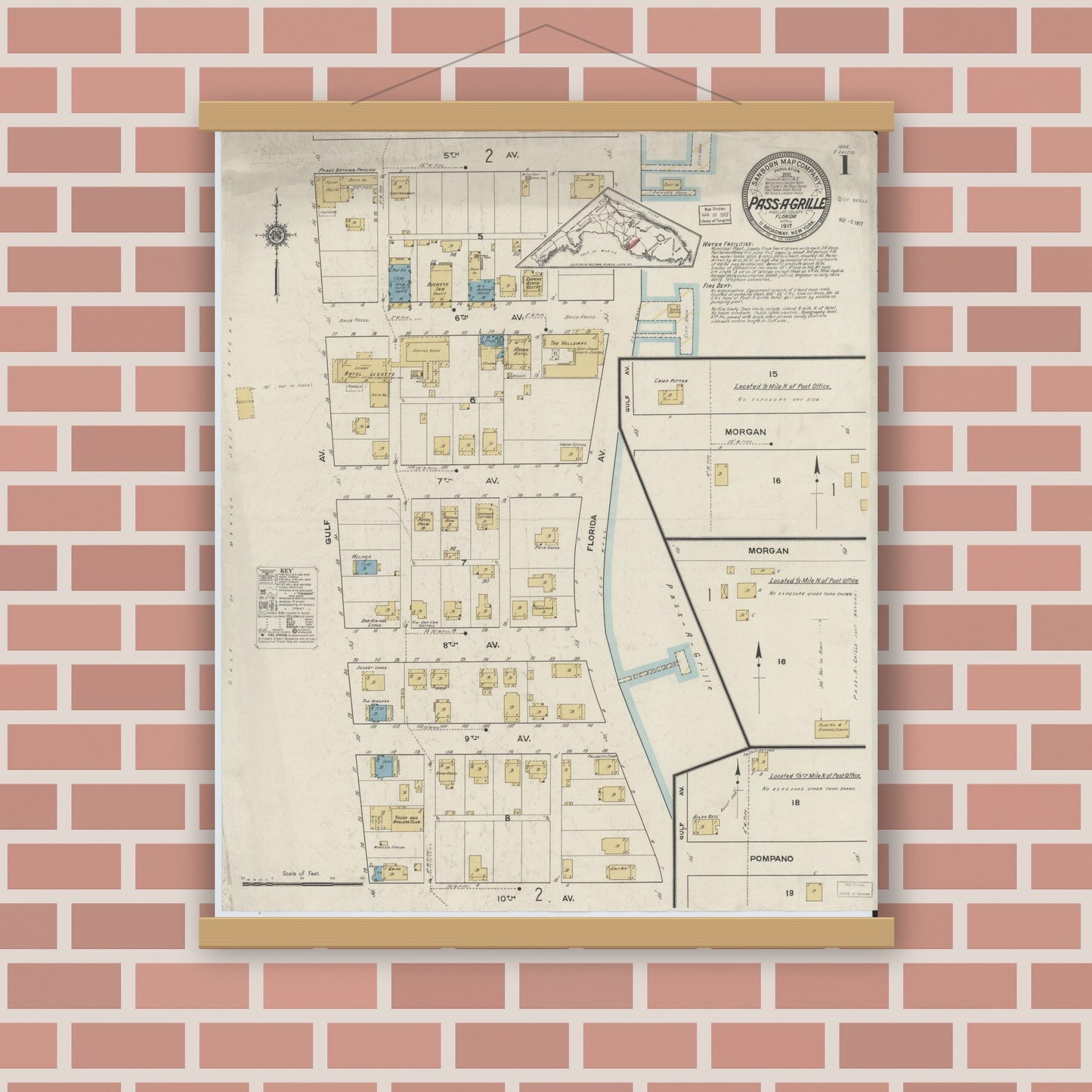 Old map wall art mockup — magnetic wood frame on brick wall — Sanborn Fire Insurance Map from Pass-a-Grille, Pinellas County, Florida (1917) - Complete Map Set