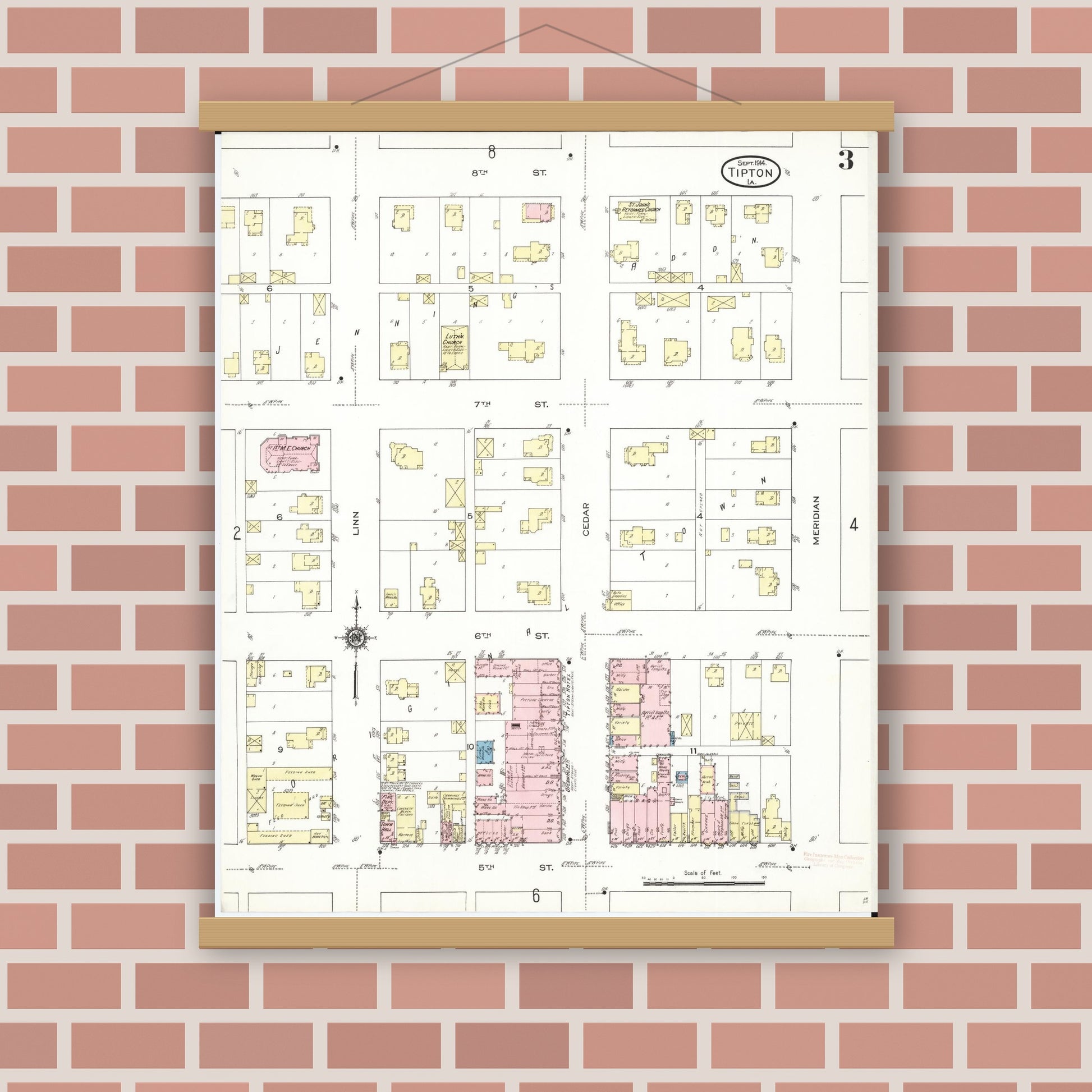 Old map wall art mockup — magnetic wood frame on brick wall — Sanborn Fire Insurance Map from Tipton, Cedar County, Iowa (1914), Sheet #0003