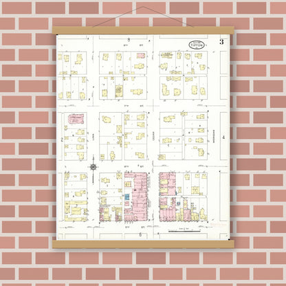 Old map wall art mockup — magnetic wood frame on brick wall — Sanborn Fire Insurance Map from Tipton, Cedar County, Iowa (1914), Sheet #0003