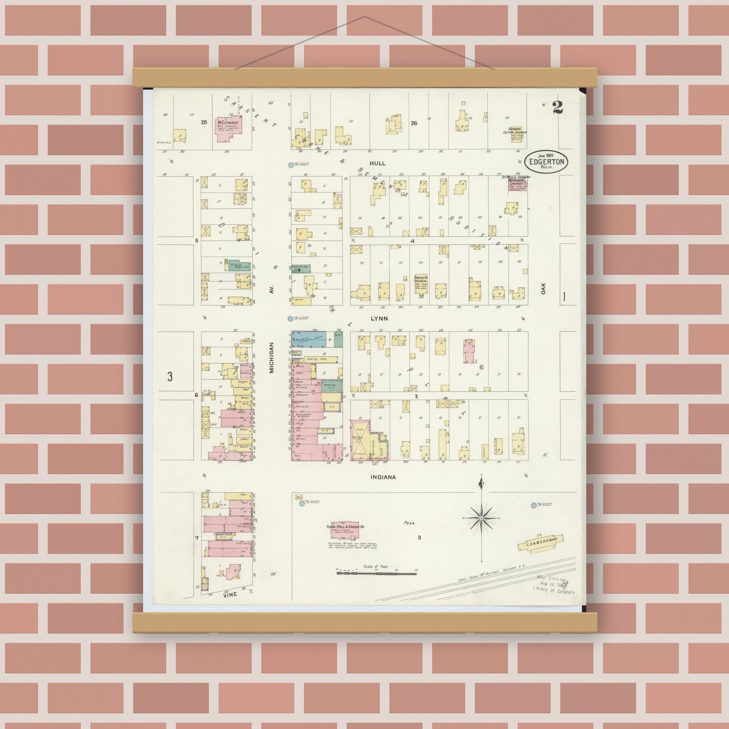 Old map wall art mockup — magnetic wood frame on brick wall — Sanborn Fire Insurance Map from Edgerton, Williams County, Ohio (1908), Sheet #0002
