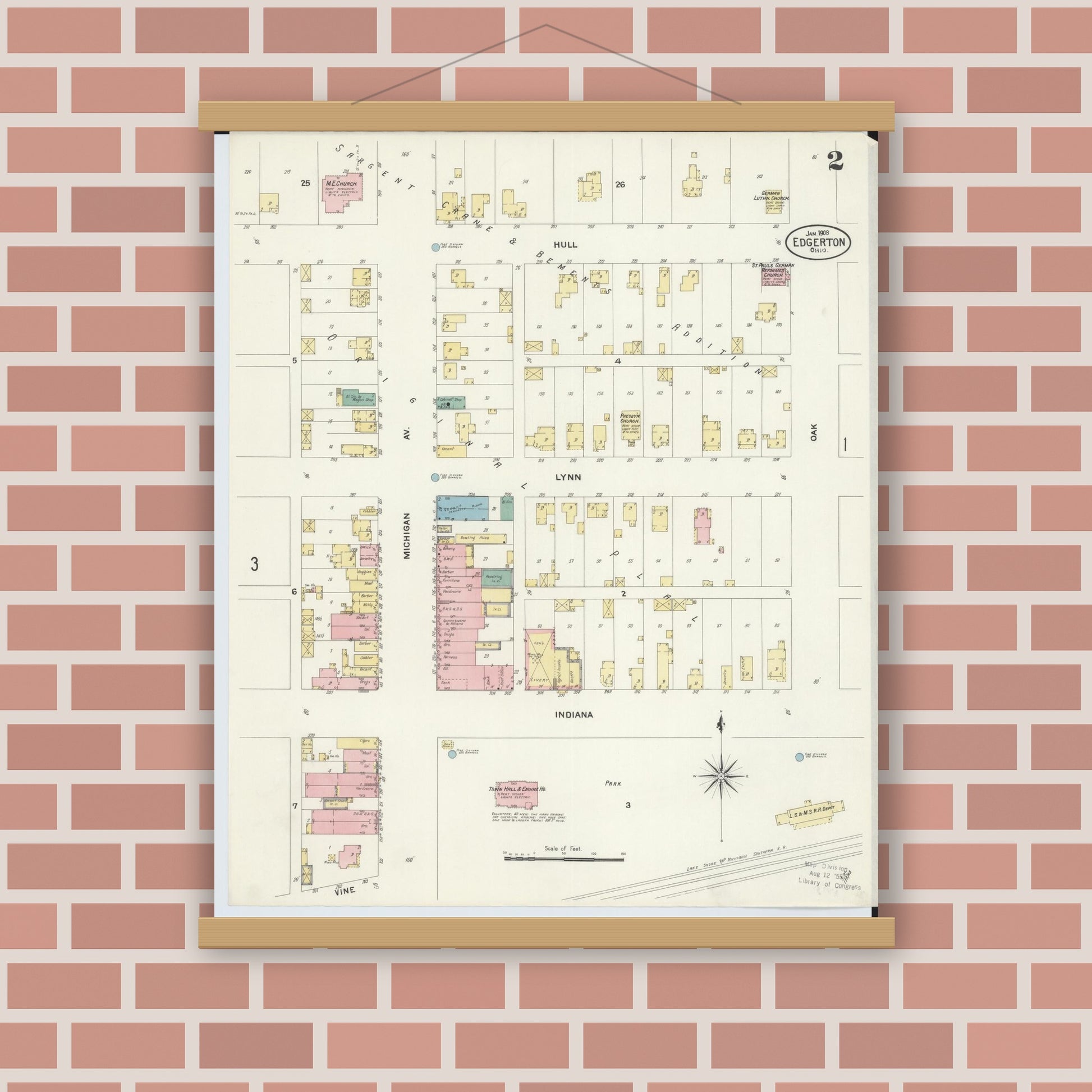 Old map wall art mockup — magnetic wood frame on brick wall — Sanborn Fire Insurance Map from Edgerton, Williams County, Ohio (1908), Sheet #0002