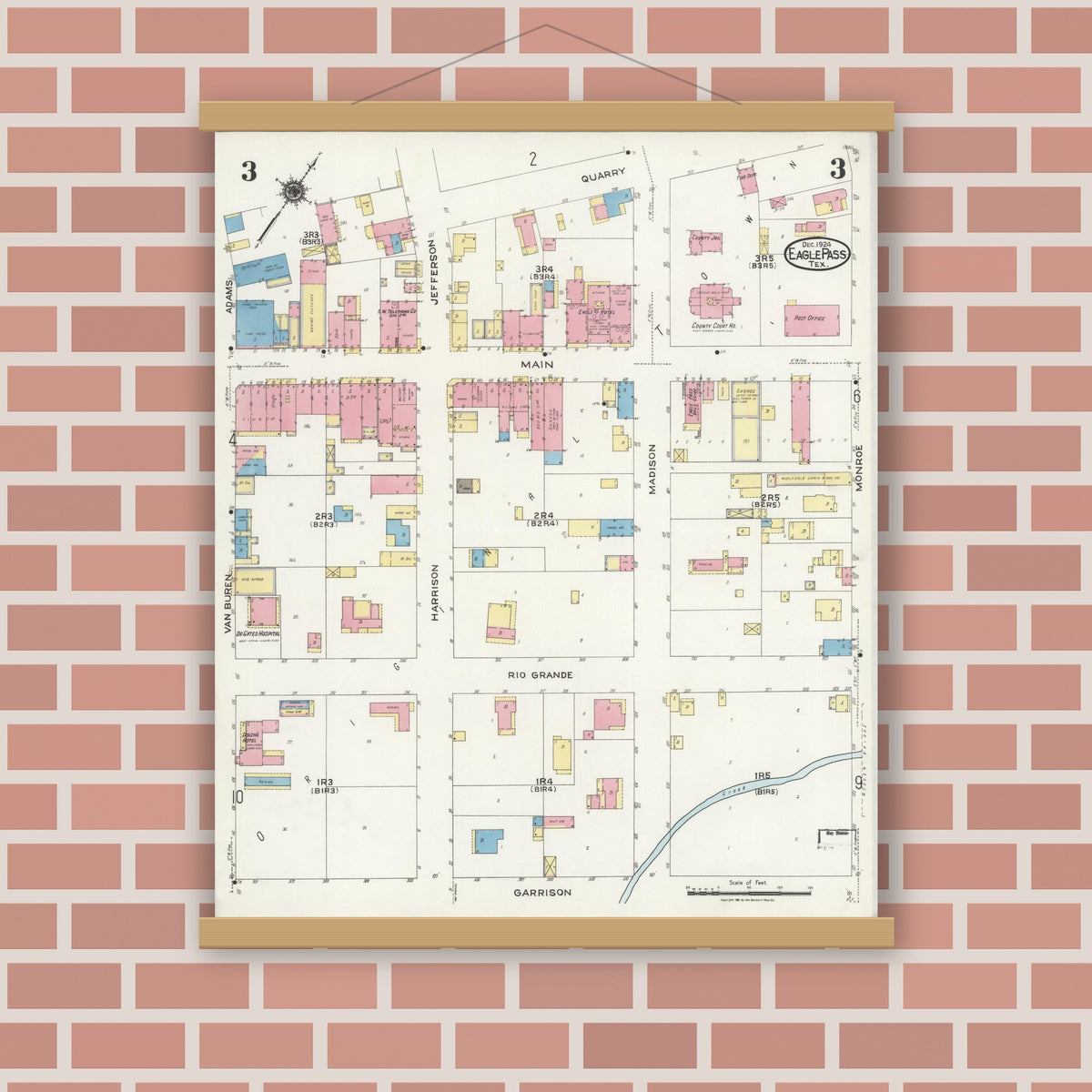 Old map wall art mockup — magnetic wood frame on brick wall — Sanborn Fire Insurance Map from Eagle Pass, Maverick County, Texas (1924), Sheet #0003