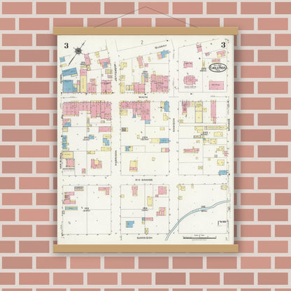 Old map wall art mockup — magnetic wood frame on brick wall — Sanborn Fire Insurance Map from Eagle Pass, Maverick County, Texas (1924), Sheet #0003