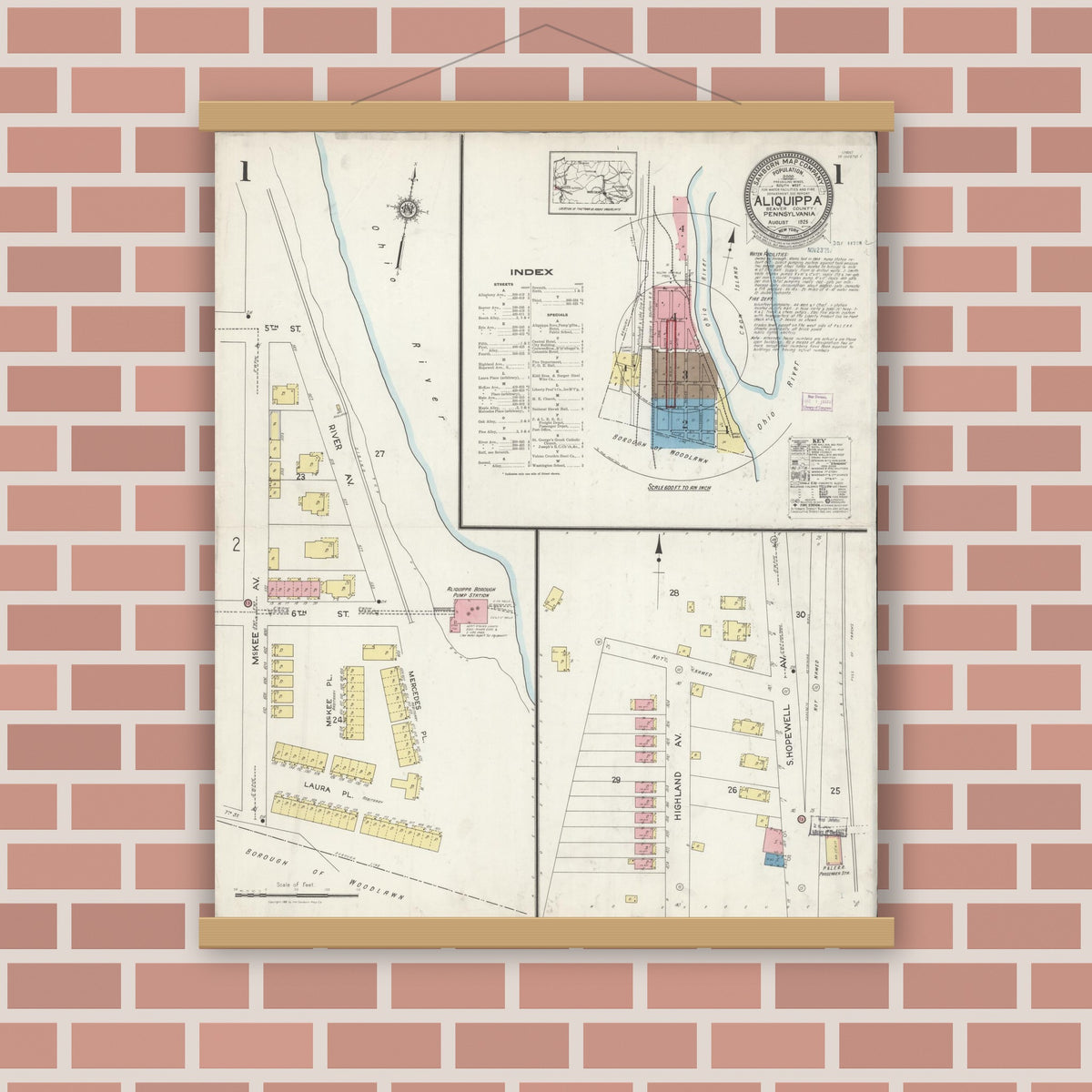 Old map wall art mockup — magnetic wood frame on brick wall — Sanborn Fire Insurance Map from Aliquippa, Beaver County, Pennsylvania (1925), Sheet #0001