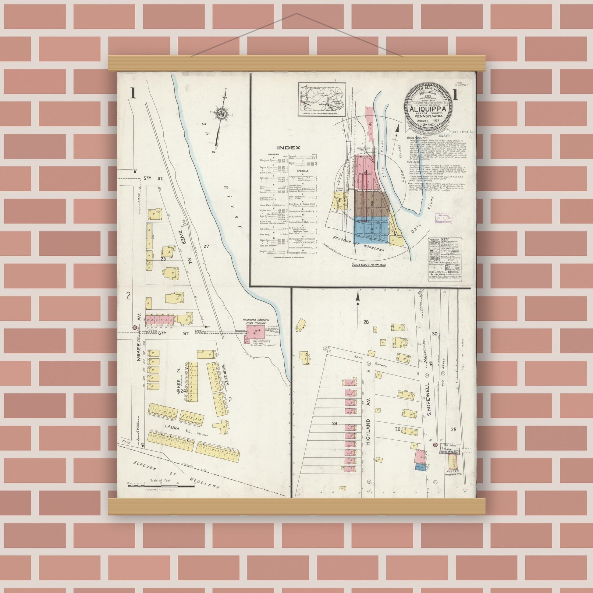 Old map wall art mockup — magnetic wood frame on brick wall — Sanborn Fire Insurance Map from Aliquippa, Beaver County, Pennsylvania (1925), Sheet #0001