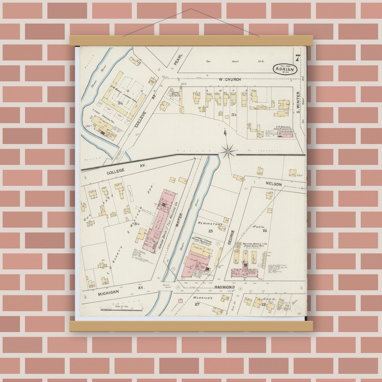 Old map wall art mockup — magnetic wood frame on brick wall — Sanborn Fire Insurance Map from Adrian, Lenawee County, Michigan (1888), Sheet #0007