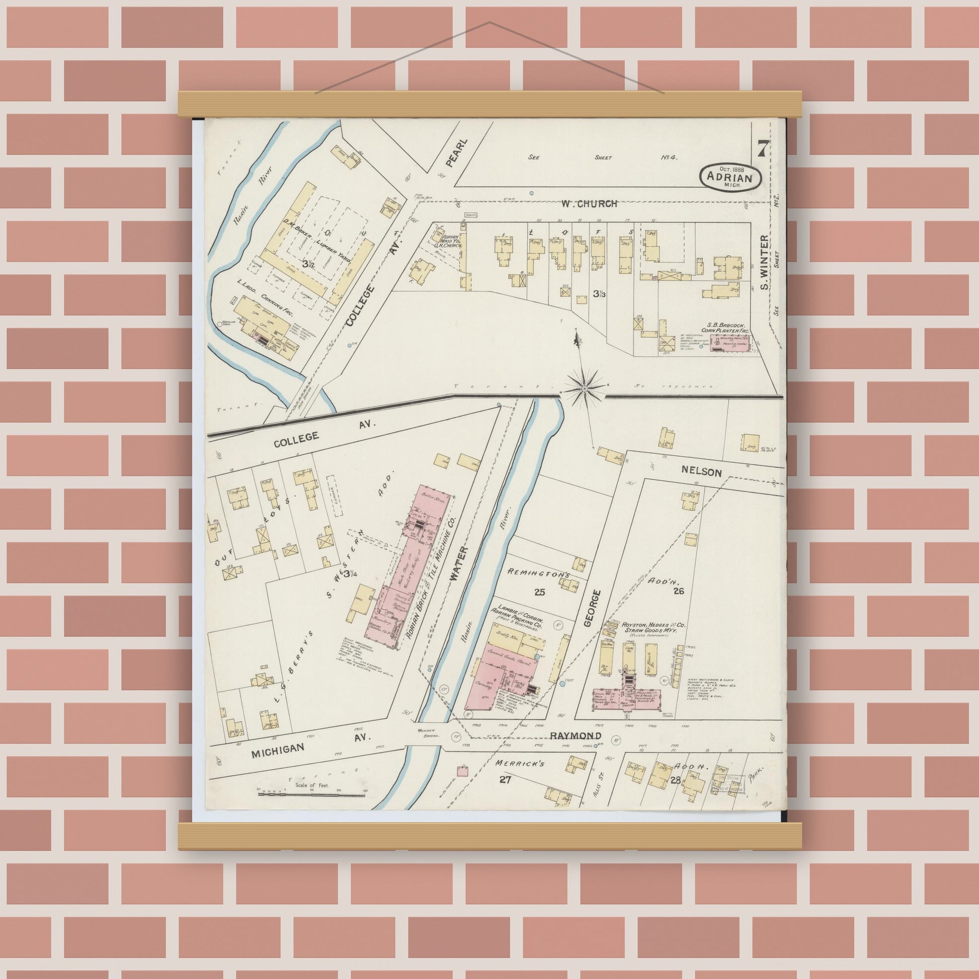Old map wall art mockup — magnetic wood frame on brick wall — Sanborn Fire Insurance Map from Adrian, Lenawee County, Michigan (1888), Sheet #0007