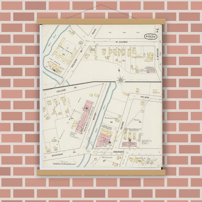 Old map wall art mockup — magnetic wood frame on brick wall — Sanborn Fire Insurance Map from Adrian, Lenawee County, Michigan (1888), Sheet #0007