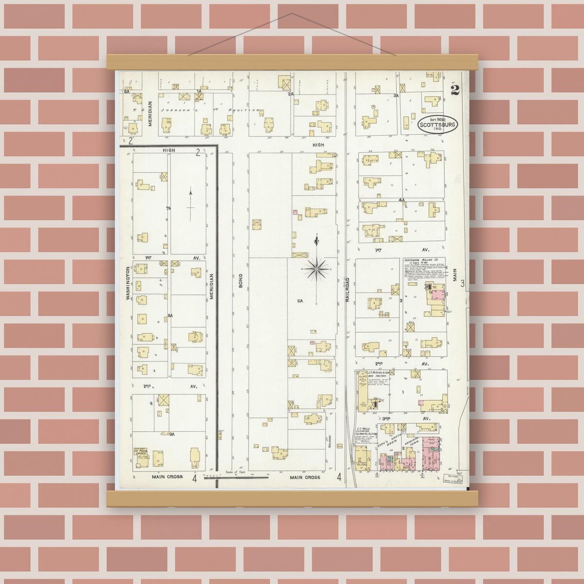 Old map wall art mockup — magnetic wood frame on brick wall — Sanborn Fire Insurance Map from Scottsburg, Scott County, Indiana (1906), Sheet #0002