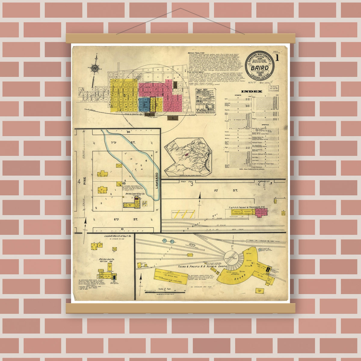 Old map wall art mockup — magnetic wood frame on brick wall — Sanborn Fire Insurance Map from Baird, Callahan County, Texas (1922), Sheet #0001