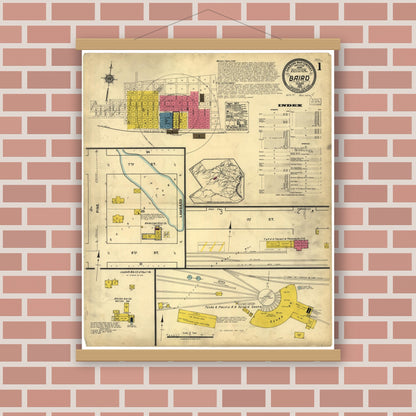 Old map wall art mockup — magnetic wood frame on brick wall — Sanborn Fire Insurance Map from Baird, Callahan County, Texas (1922), Sheet #0001