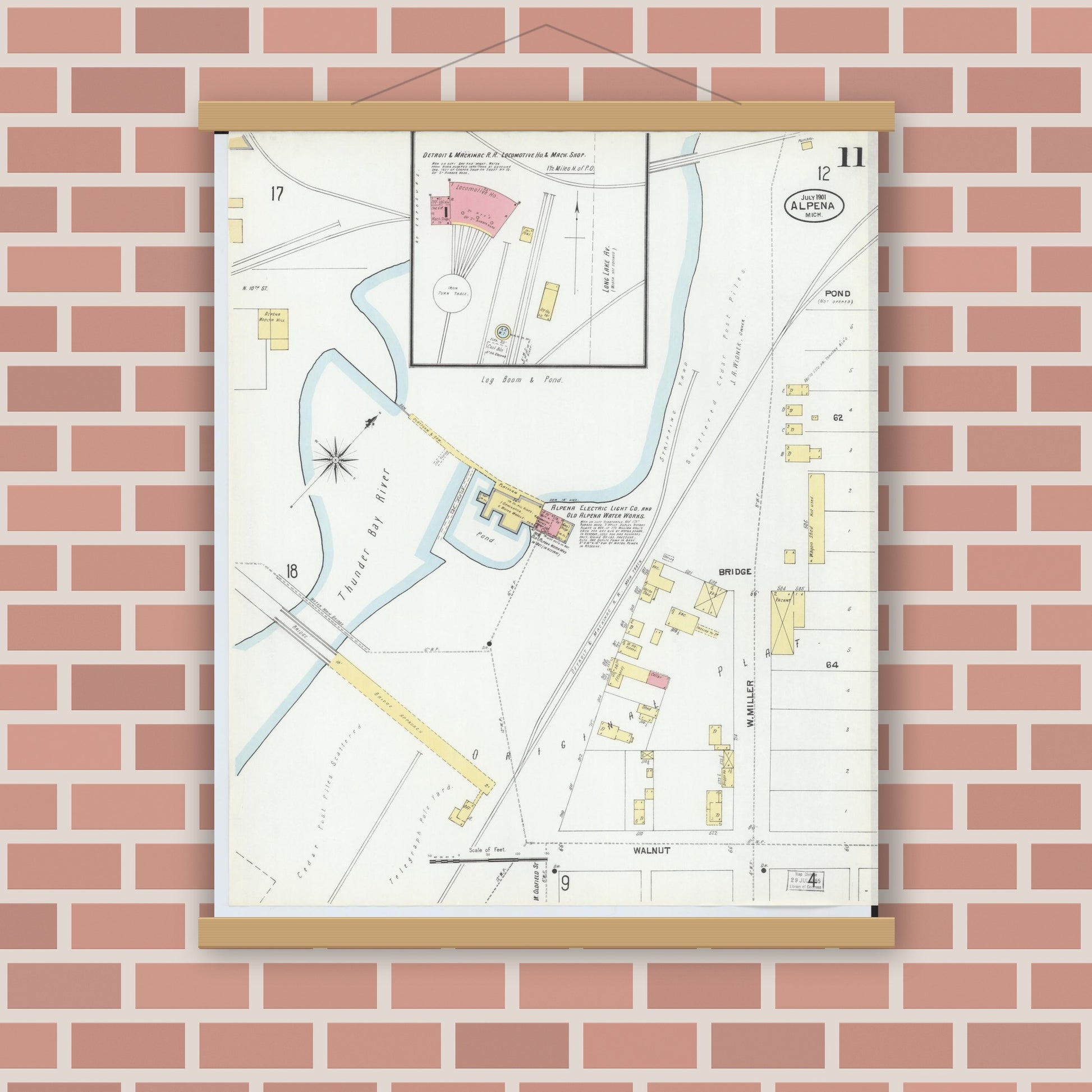 Old map wall art mockup — magnetic wood frame on brick wall — Sanborn Fire Insurance Map from Alpena, Alpena County, Michigan (1901), Sheet #0011