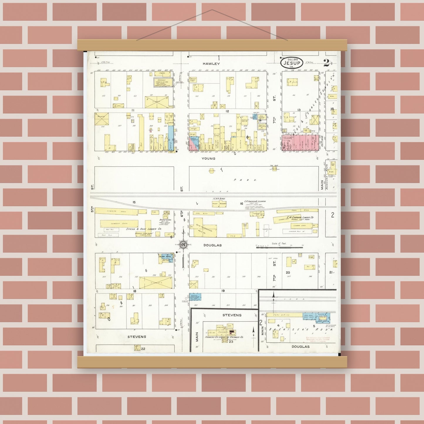 Old map wall art mockup — magnetic wood frame on brick wall — Sanborn Fire Insurance Map from Jesup, Buchanan County, Iowa (1915), Sheet #0002