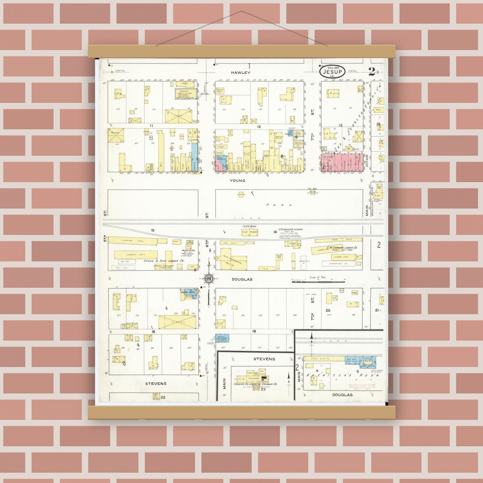 Old map wall art mockup — magnetic wood frame on brick wall — Sanborn Fire Insurance Map from Jesup, Buchanan County, Iowa (1915), Sheet #0002