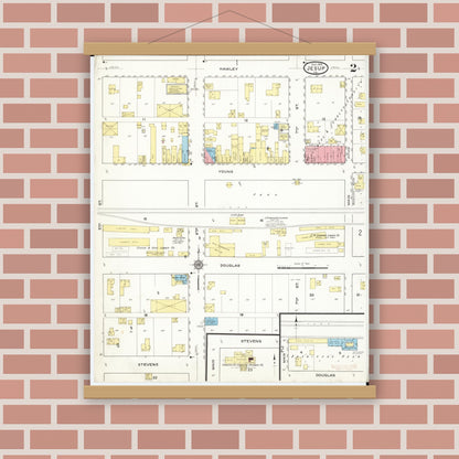 Old map wall art mockup — magnetic wood frame on brick wall — Sanborn Fire Insurance Map from Jesup, Buchanan County, Iowa (1915), Sheet #0002