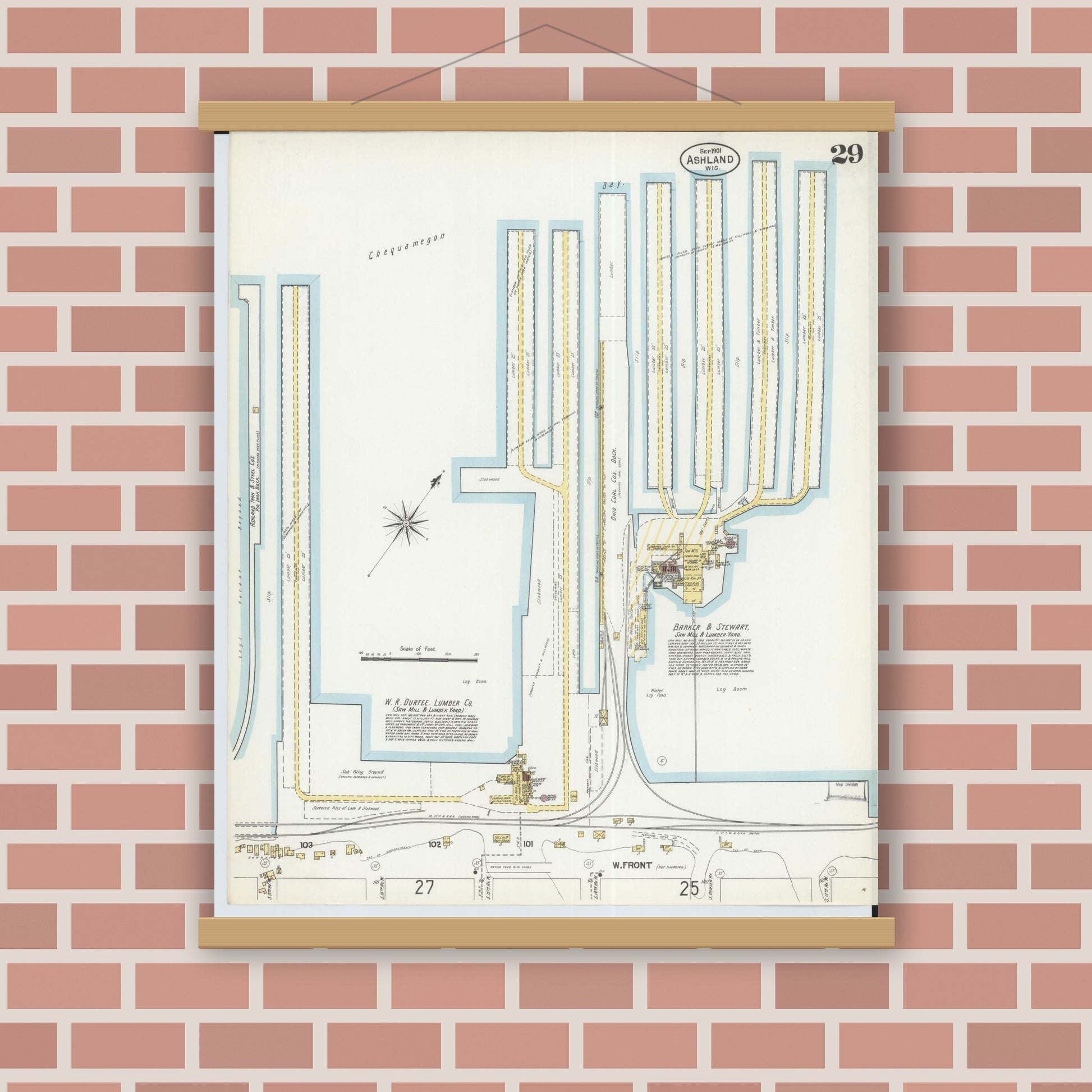 Old map wall art mockup — magnetic wood frame on brick wall — Sanborn Fire Insurance Map from Ashland, Ashland County, Wisconsin (1901), Sheet #0029