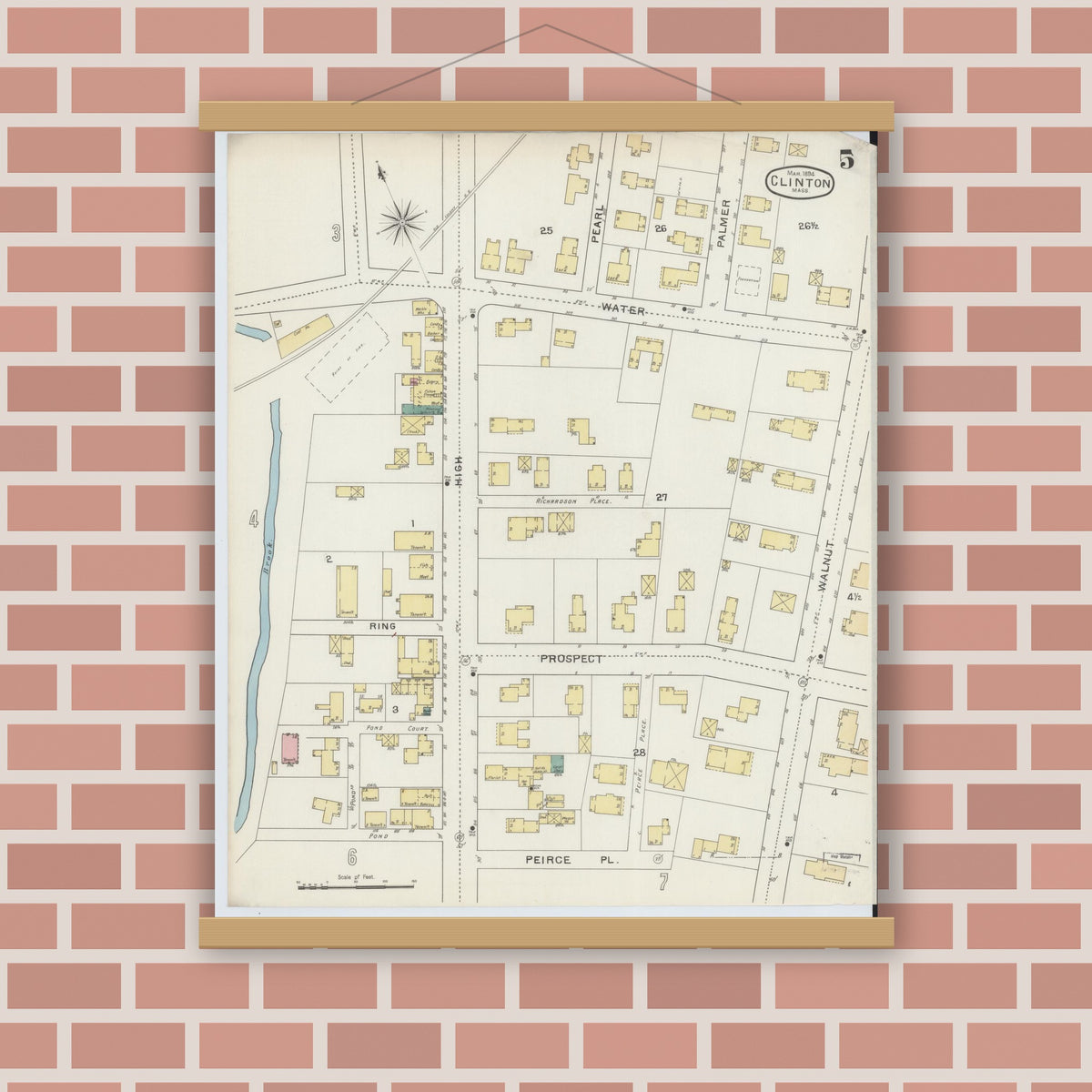 Old map wall art mockup — magnetic wood frame on brick wall — Sanborn Fire Insurance Map from Clinton, Worcester County, Massachusetts (1894), Sheet #0005