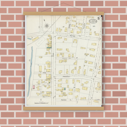 Old map wall art mockup — magnetic wood frame on brick wall — Sanborn Fire Insurance Map from Clinton, Worcester County, Massachusetts (1894), Sheet #0005