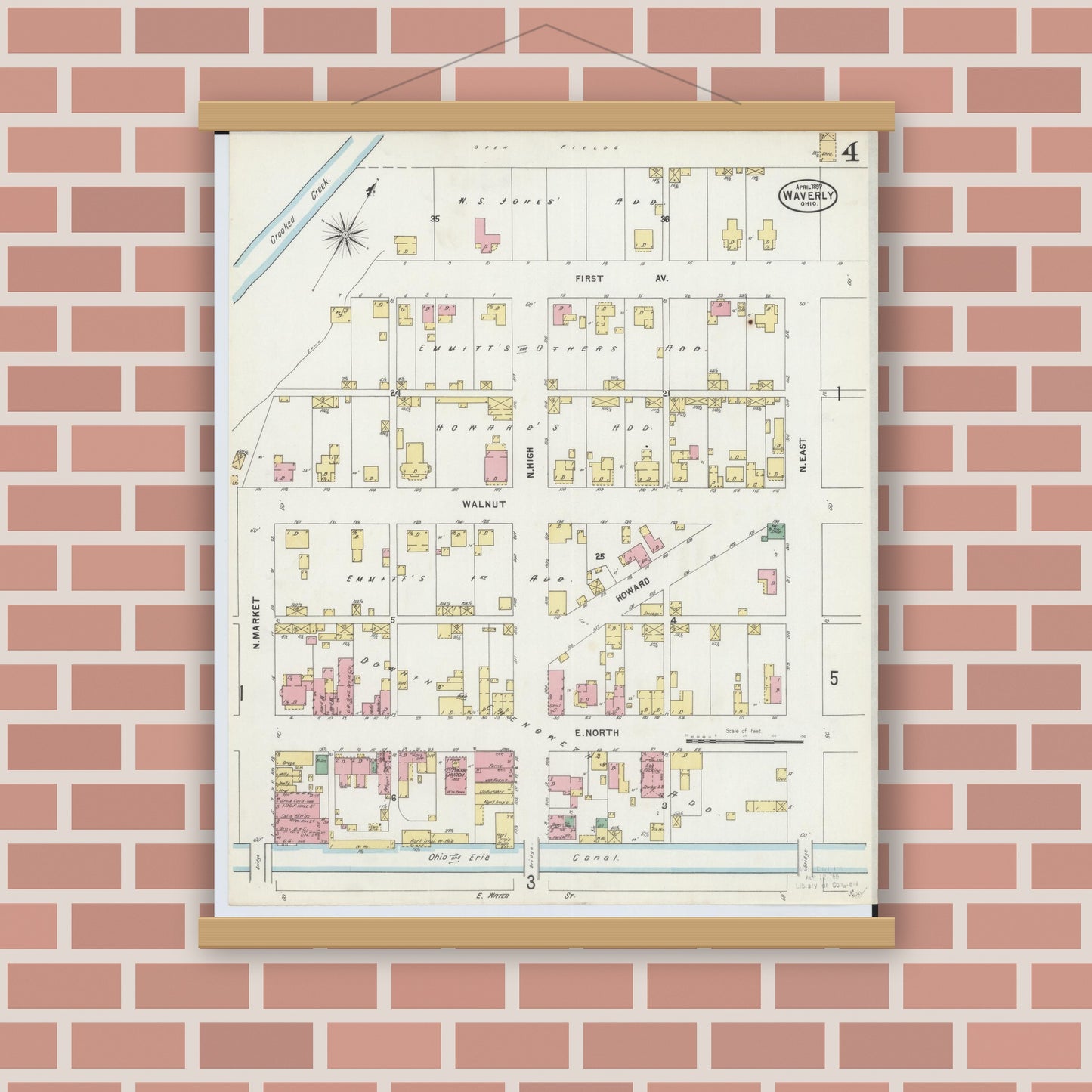 Old map wall art mockup — magnetic wood frame on brick wall — Sanborn Fire Insurance Map from Waverly, Pike County, Ohio (1897), Sheet #0004
