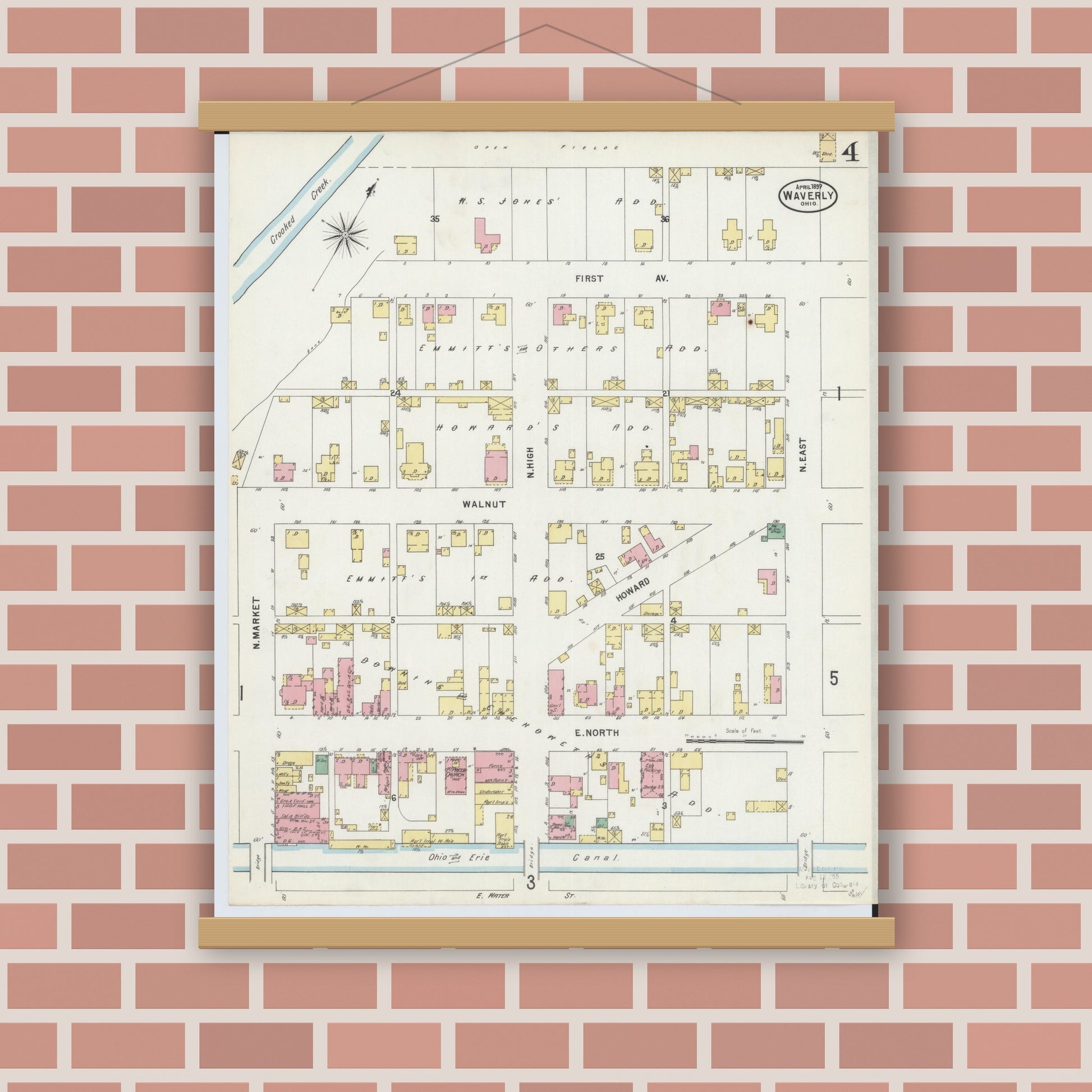 Old map wall art mockup — magnetic wood frame on brick wall — Sanborn Fire Insurance Map from Waverly, Pike County, Ohio (1897), Sheet #0004