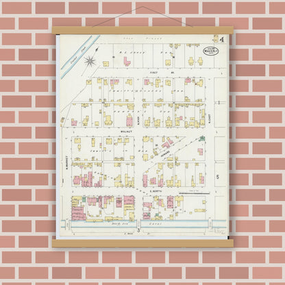 Old map wall art mockup — magnetic wood frame on brick wall — Sanborn Fire Insurance Map from Waverly, Pike County, Ohio (1897), Sheet #0004